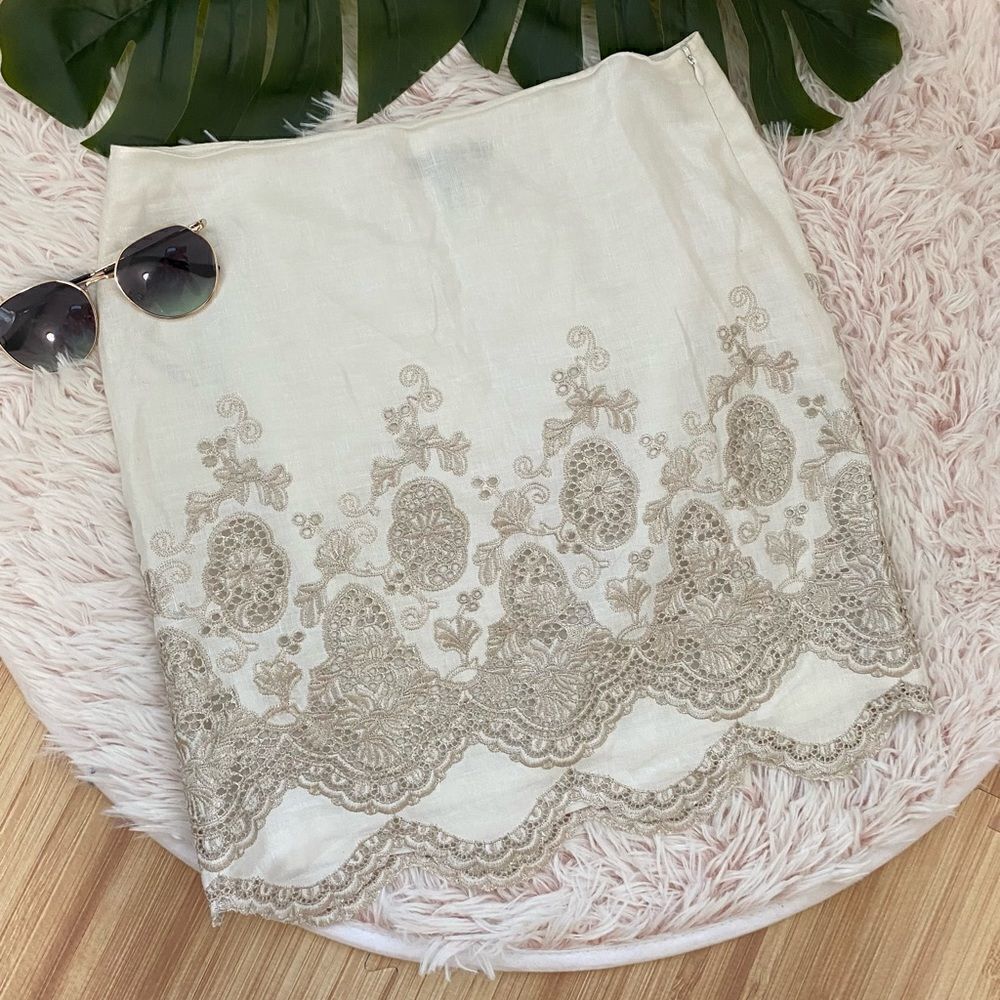 Ann Taylor Petite Linen Cream Tan Metallic Floral Embroidered Eyelet Skirt sz 4